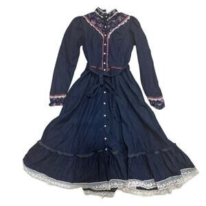 Gunne Sax Vintage 1970's Denim Prairie Dress Cottagecore Victorian Size XXS / XS